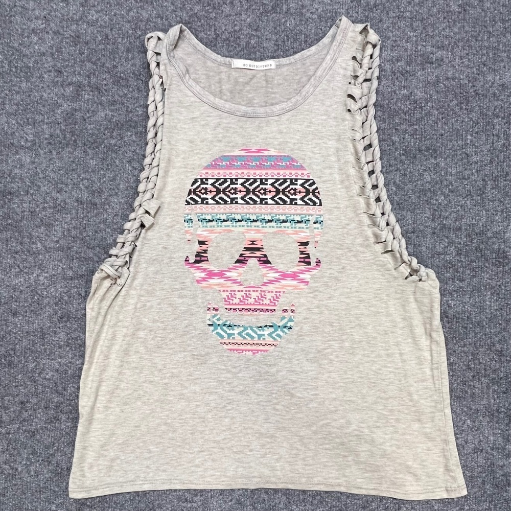 Do Not Disturb Skull Graphic Tank Women L Gray Braided Side Muscle Tee